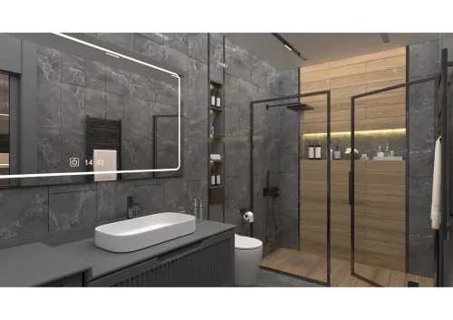 Banyo - Teak Ahşap Detaylı Walk-in Duş Alanı